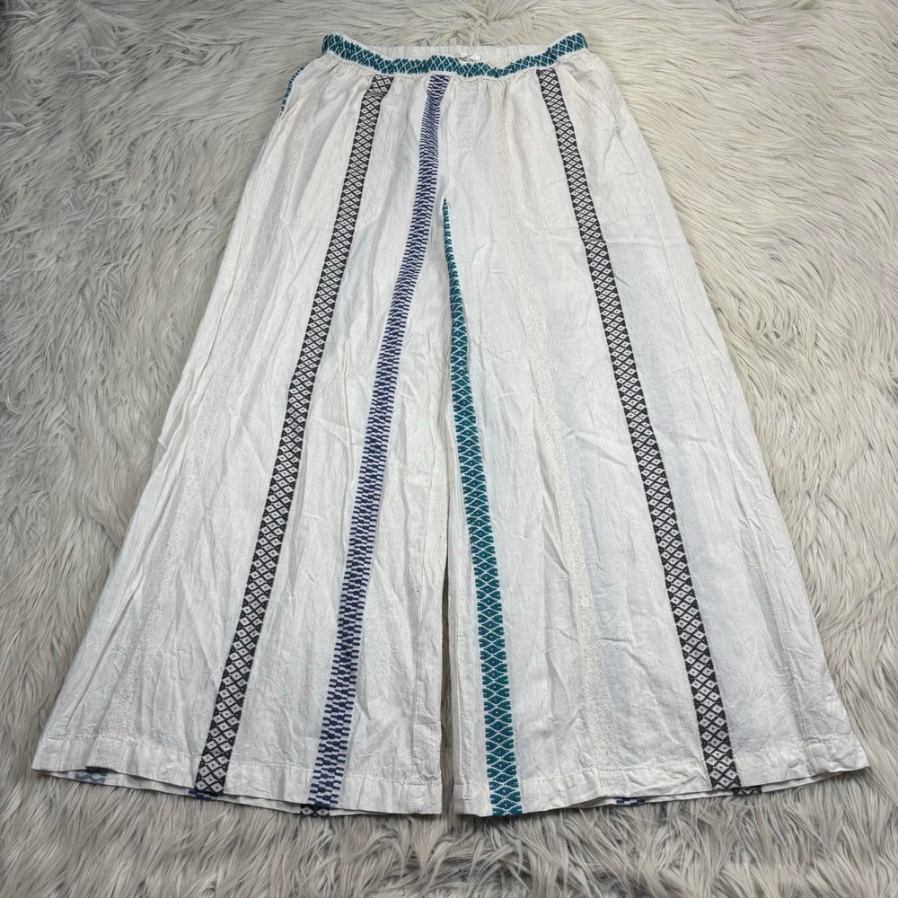 Splendid Women's M Beige Woven Striped Wide Leg Cropped Pants Boho Resort Beach‎